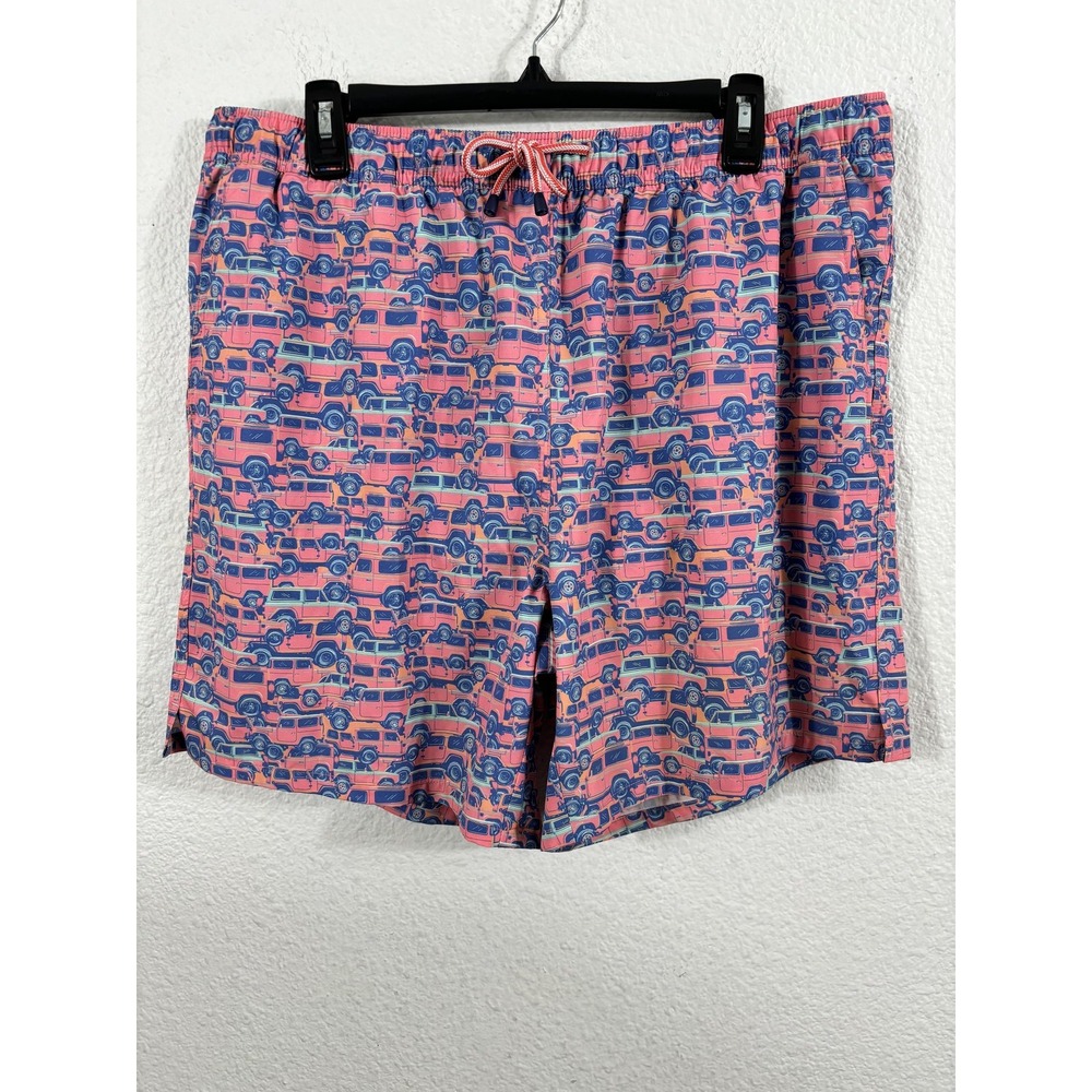 Peter Millar Swim Trunks Mens XL Pink Blue Cars Print Elastic Drawstring Lined